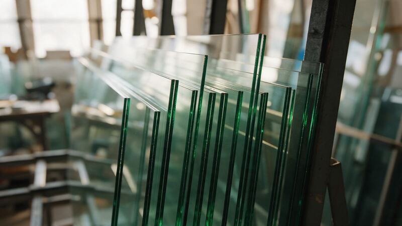 Lastre di vetro float in fila: il bordo verde è il segno di ogni lastra