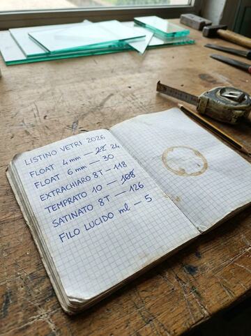 Foto del listino scritto a mano su un quaderno a quadretti, sul banco della vetreria